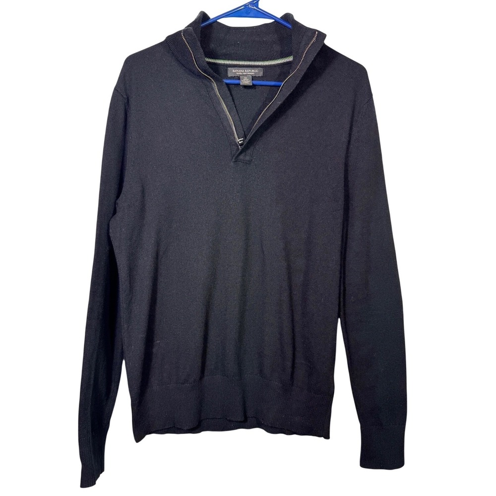 Banana Republic Men's Size M Merino Wool Zip Mock Neck Sweater Black Preppy Fall